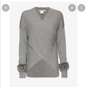 Derek Lam 10 Crosby gray sweater with thumb holes and fur cuffs